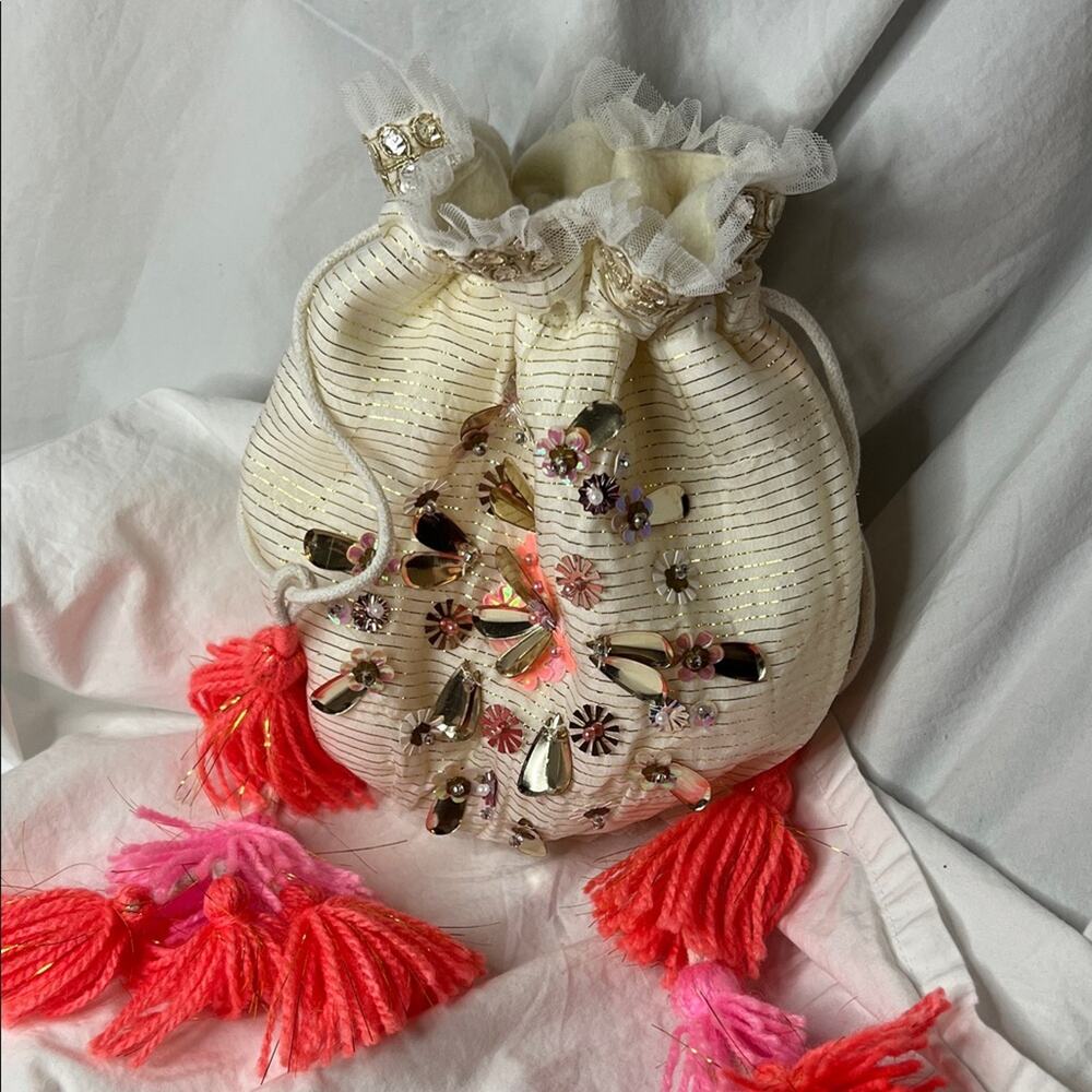 Free People Embellished Cream and Pink Drawstring Small Gift Bag - Picture 6 of 6